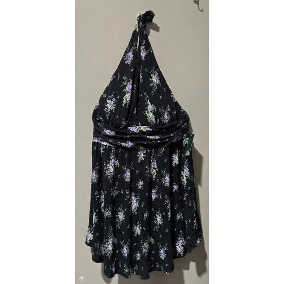 Wild Fable Purple Floral Sleeveless Skater Black Halter Mini Dress -- Size Large - Picture 3 of 8